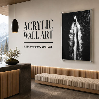 Exit By Sea wall art showcased above a long bench in a modern room