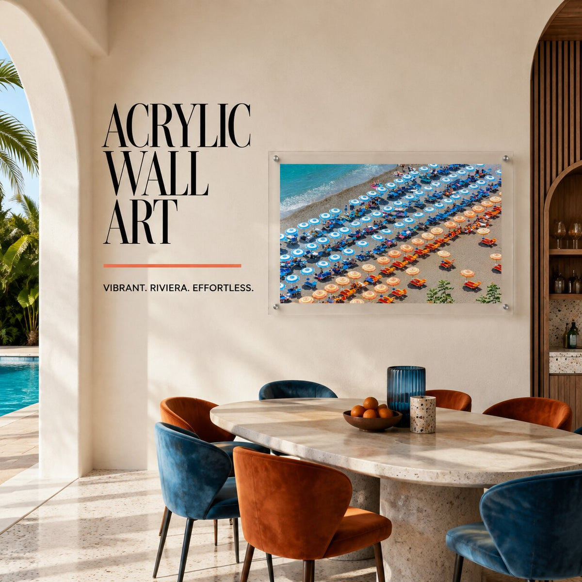 Stripes and Spritz wall art in a bright coastal dining room space