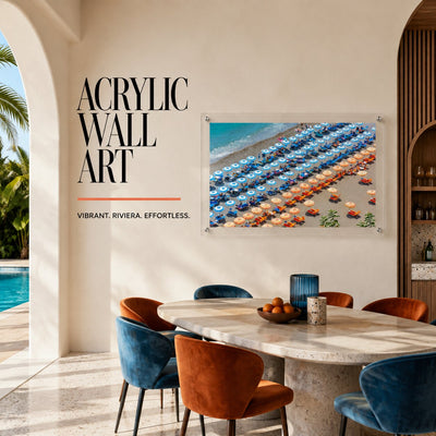 Stripes and Spritz wall art in a bright coastal dining room space