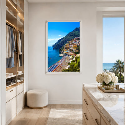 Positively Positano wall art in a bright coastal bedroom space with closet
