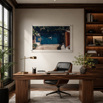 Lap of Luxury wall art in a modern home office with wood desk and leather chair