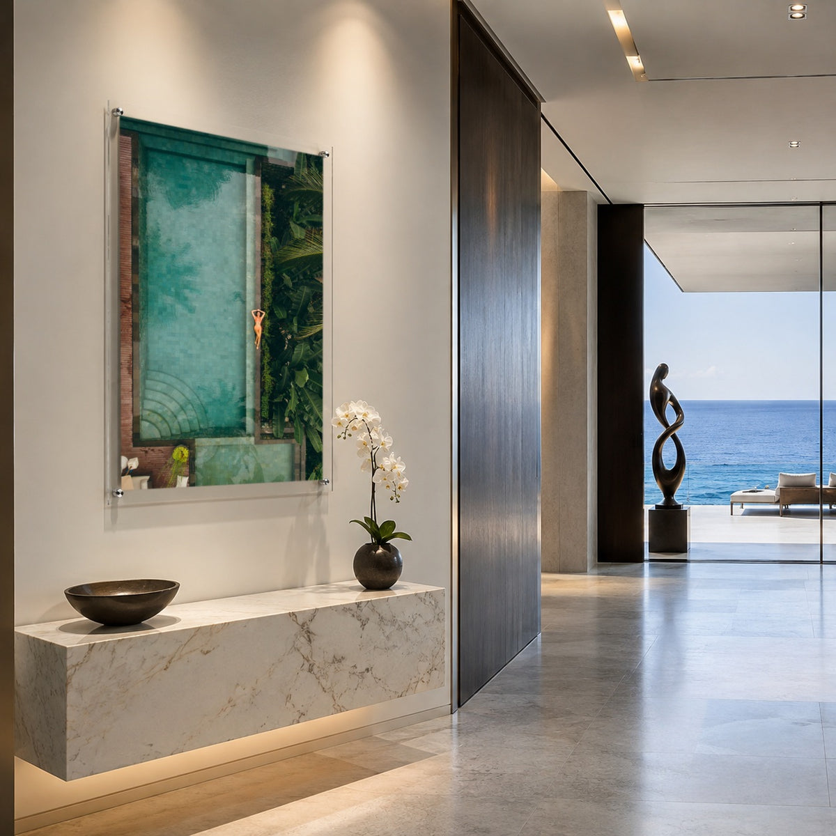 Palm and Circumstance wall art in a modern coastal hallway space