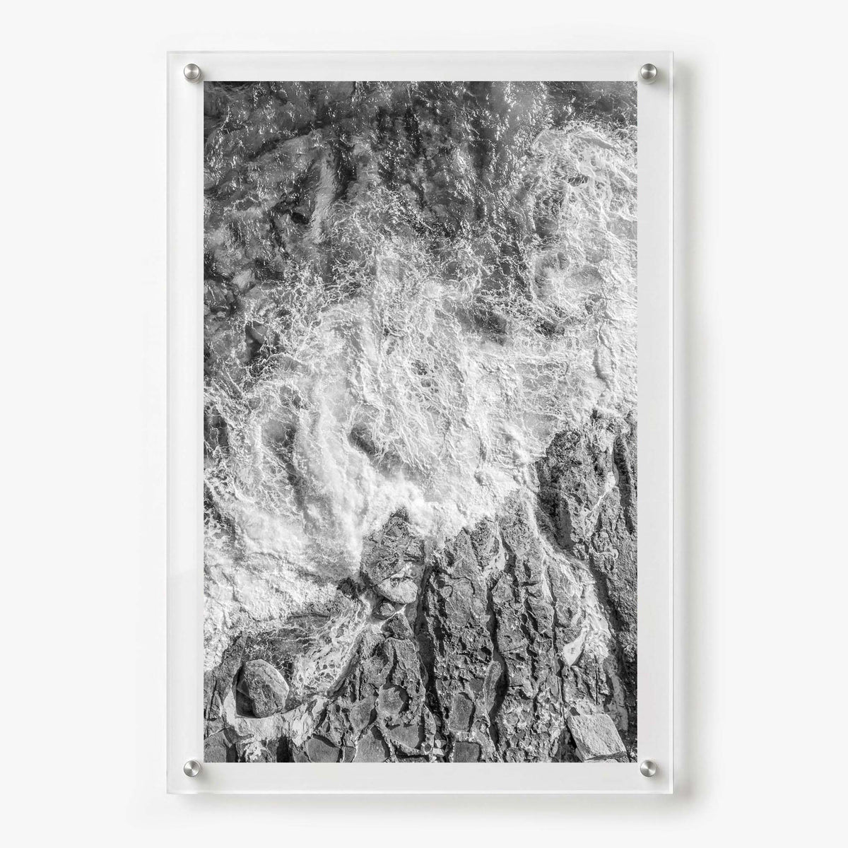Foam and Fire wall art shown in a vertical 24x36 acrylic frame design with white background