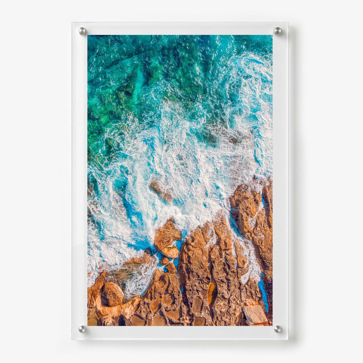 Foam and Fire wall art shown in a vertical 24x36 acrylic frame artwork with white background
