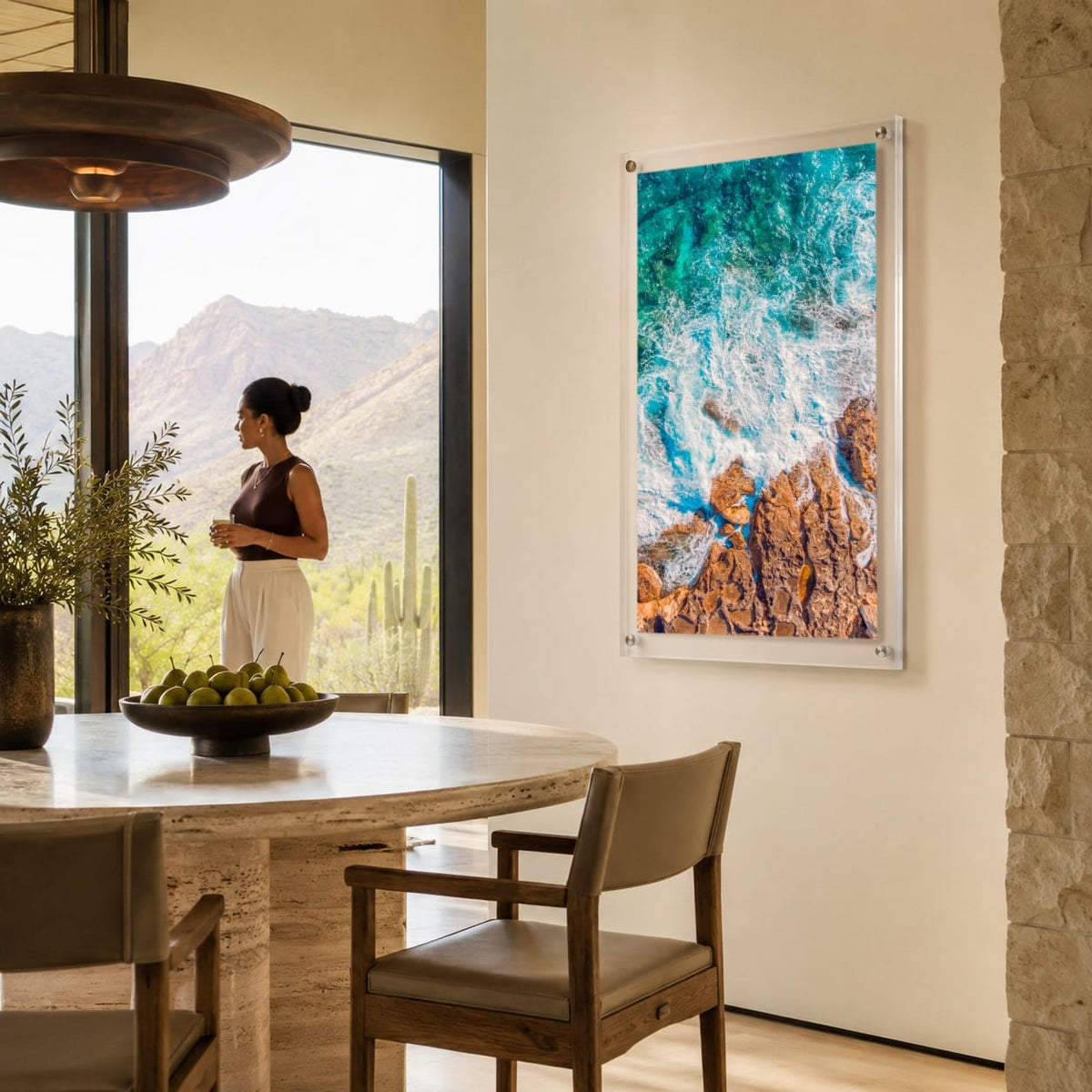 Foam and Fire wall art displayed in a modern dining room with mountain view with woman aside