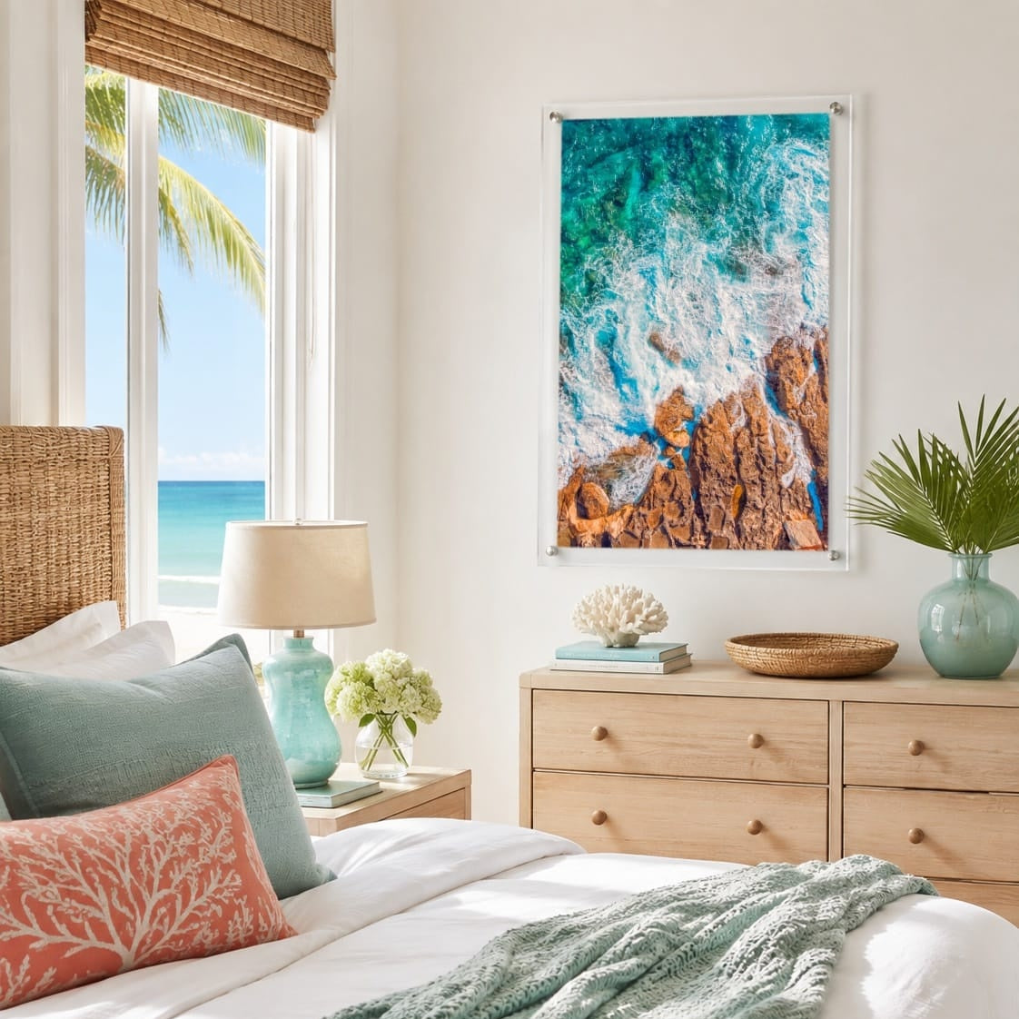 Foam and Fire wall art displayed above a bed in a coastal bedroom space