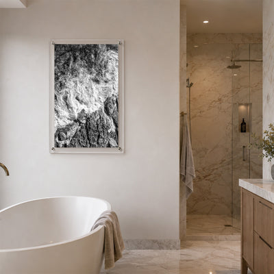 Foam and Fire wall art in an elegant modern bathroom space