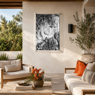 Foam and Fire wall art on a Mediterranean patio outdoor with sofa
