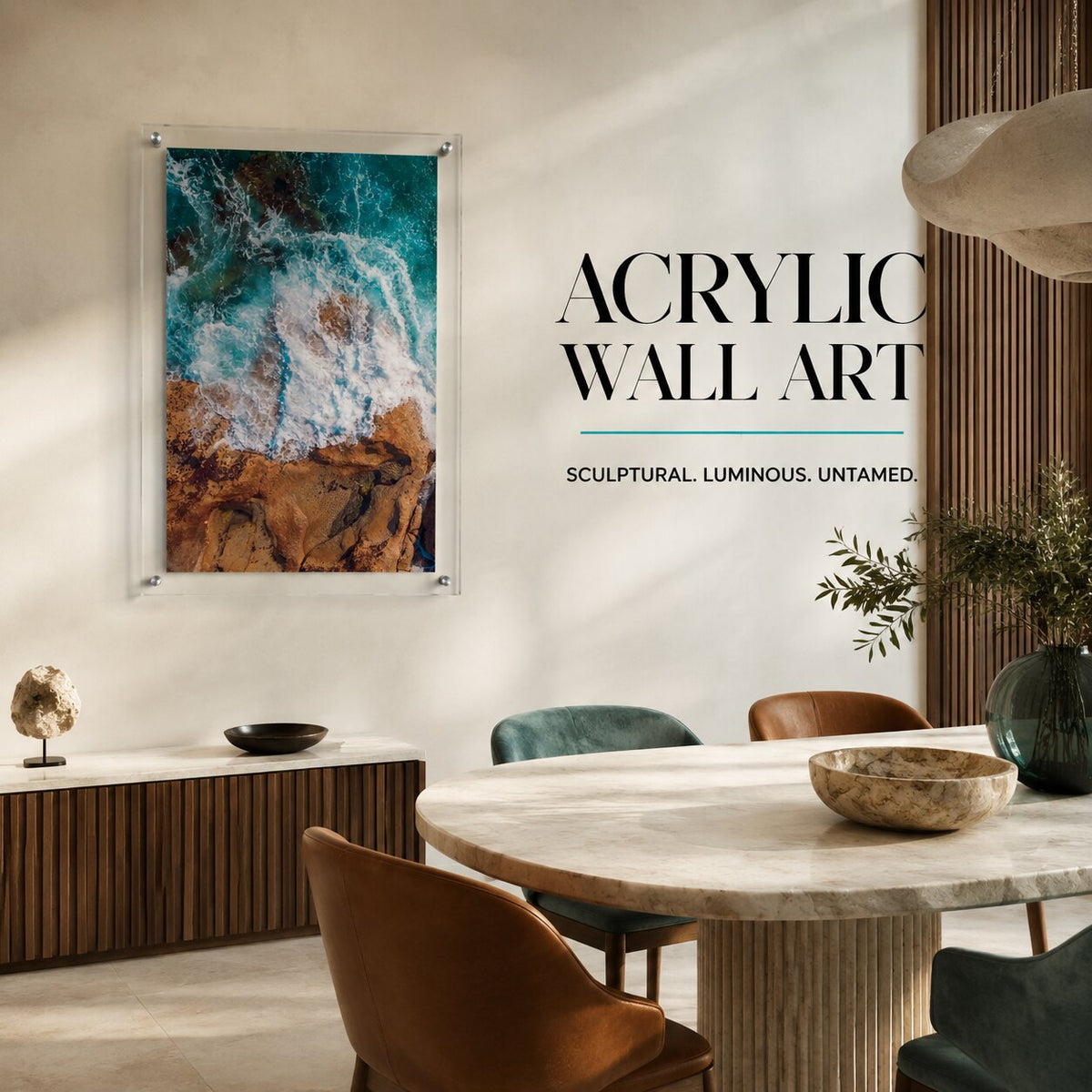 Turquoise ocean wave wall art with warm brown rocks in a dining room