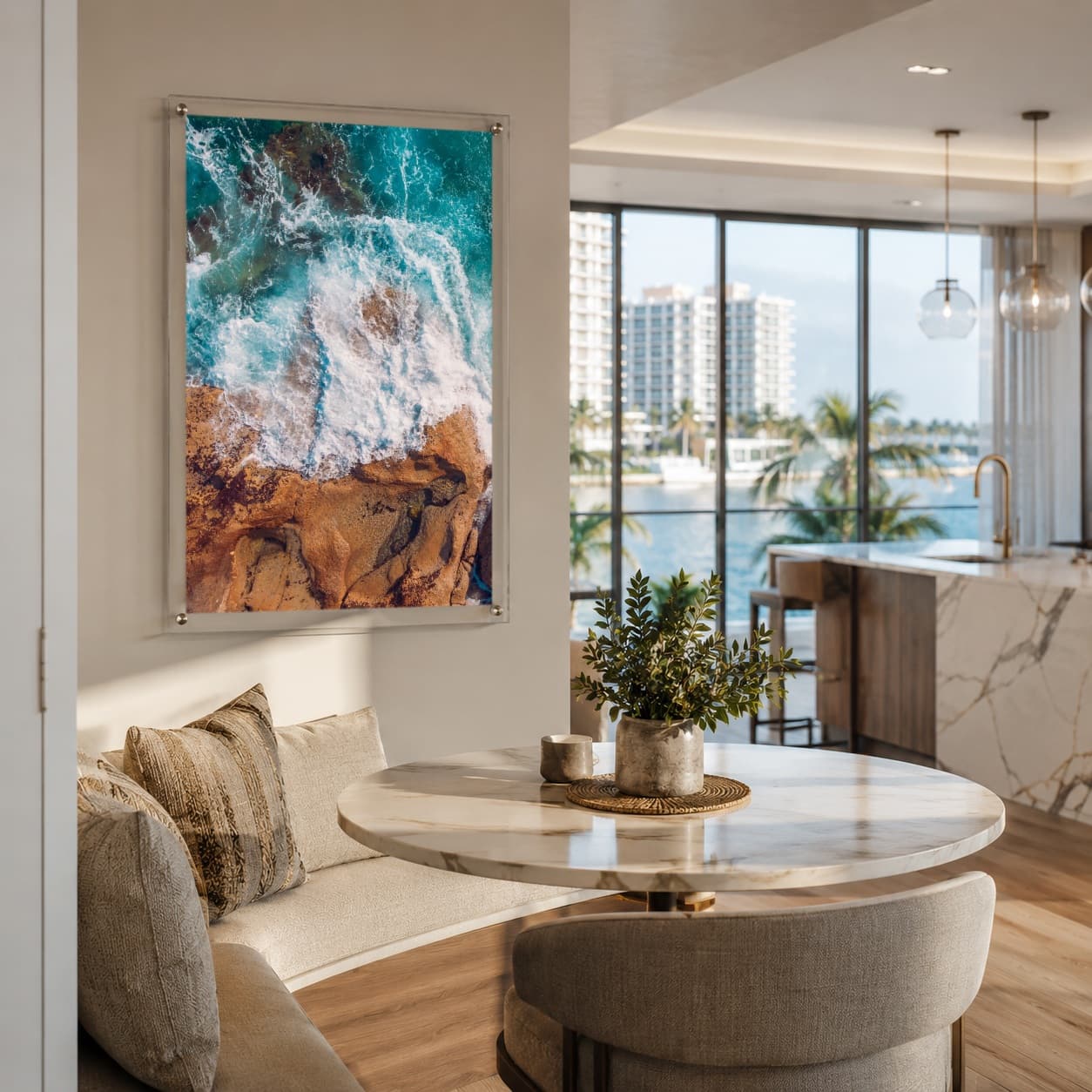 Vertical ocean wall art with crashing waves and coastal rocks