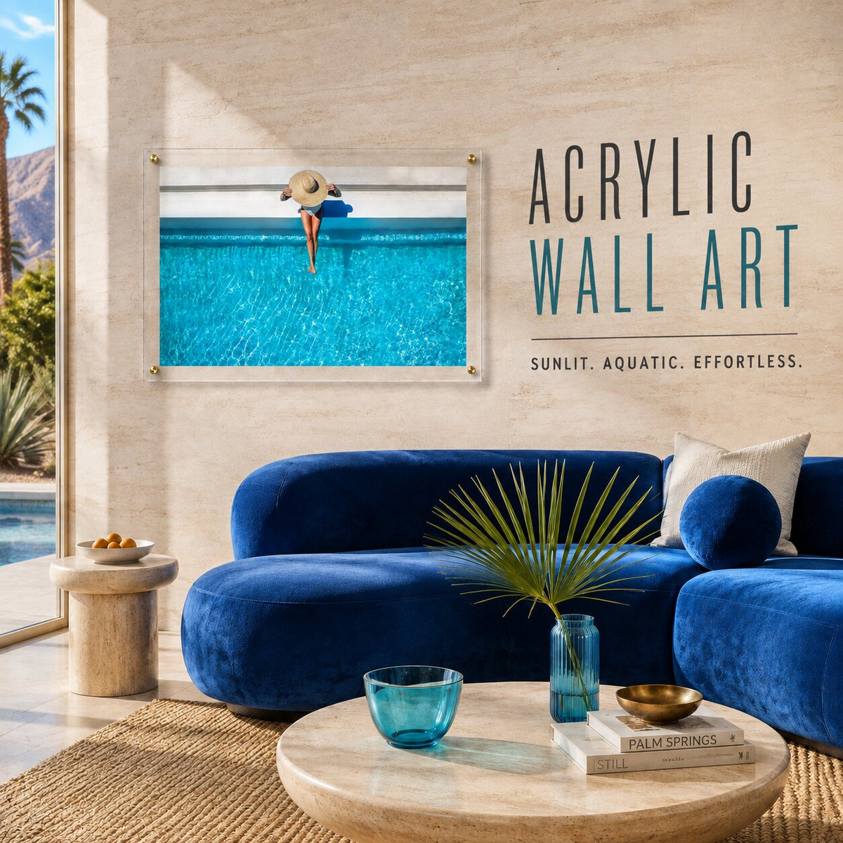 The Temperature Check wall art above a blue velvet sofa in a lounge space