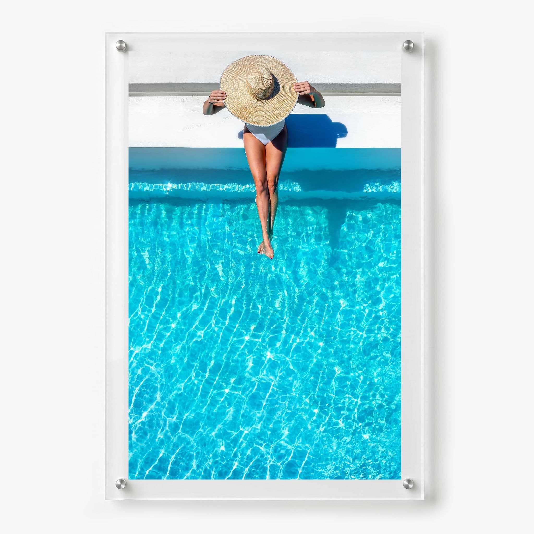 The Temperature Check vertical 24x36 wall art featuring a swimmer in blue water with white background