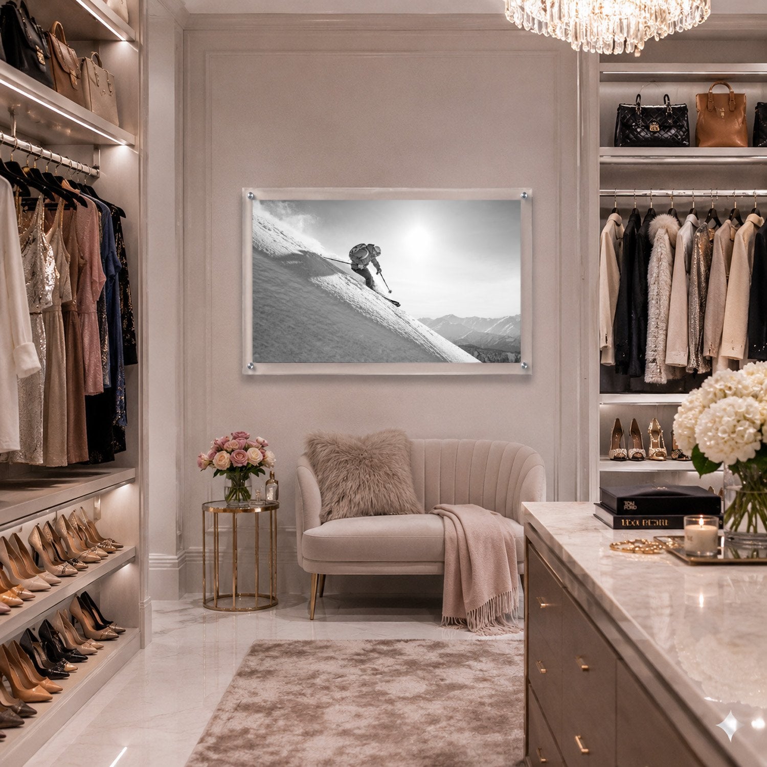 Steep Thrills acrylic wall art in an elegant walk-in closet space