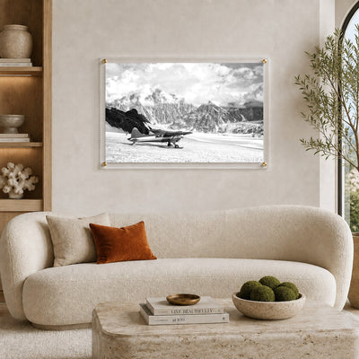 Where Adventure Begins acrylic wall art in a Mediterranean living room