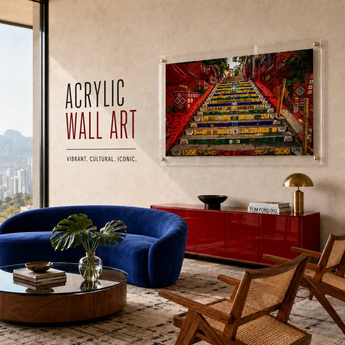 Stairway to Rio acrylic wall art displayed in a blue velvet sofa living room