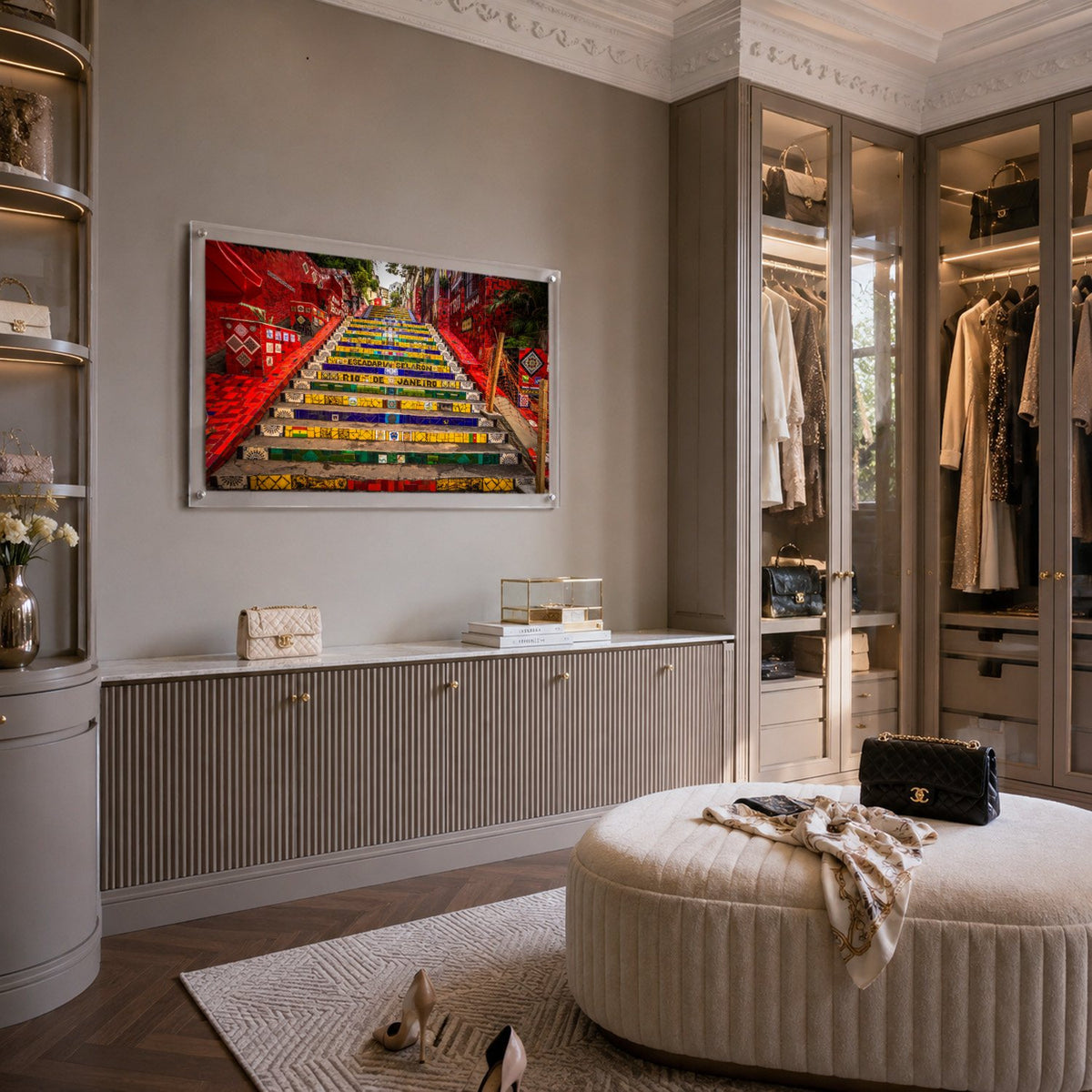 Stairway to Rio acrylic wall art displayed in an elegant dressing room