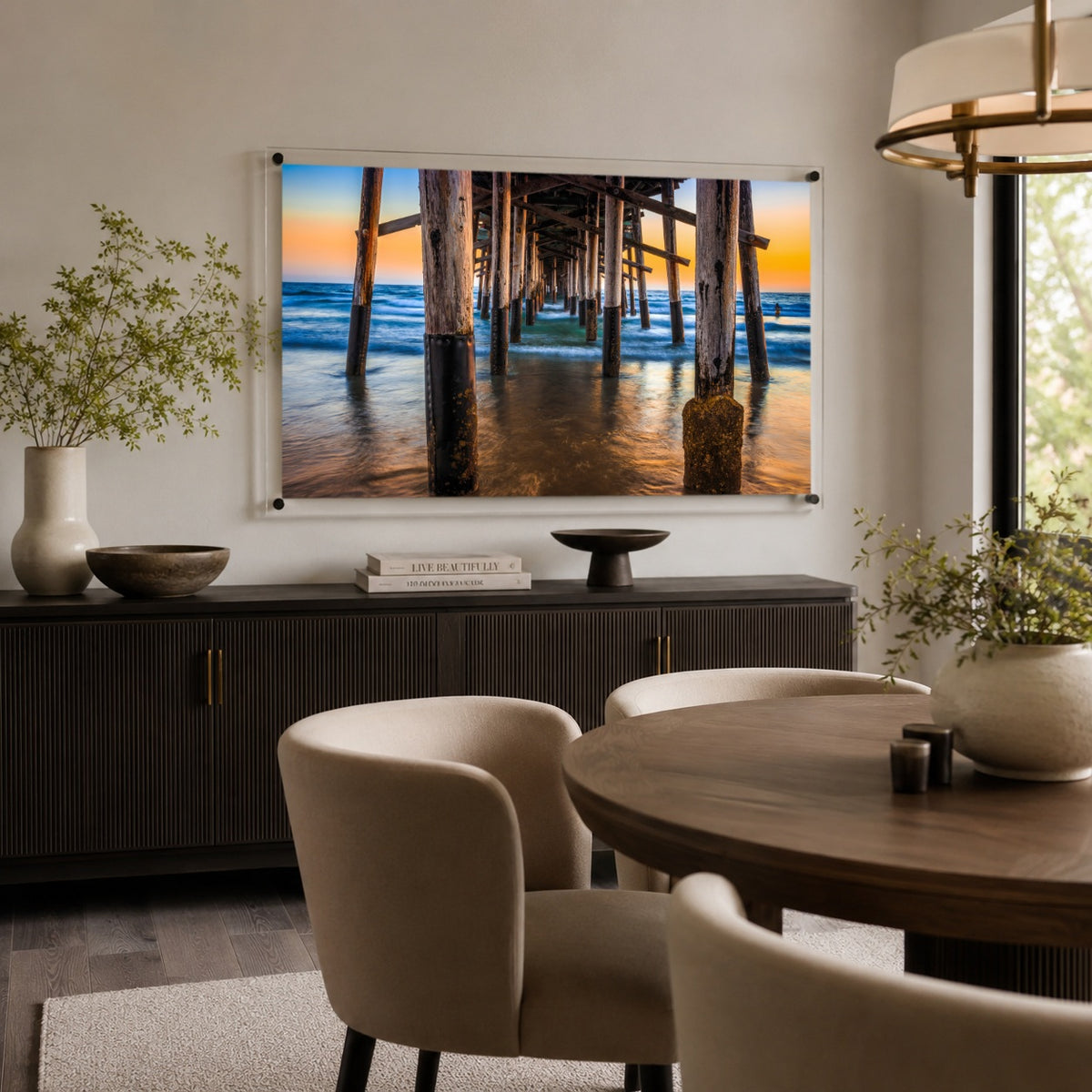 Pier Pressure acrylic wall art in a classy dining room setting