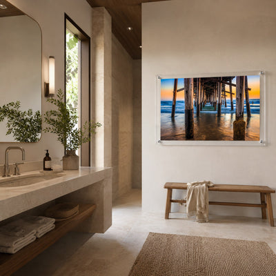 Pier Pressure acrylic wall art in a spa bathroom with teak bench