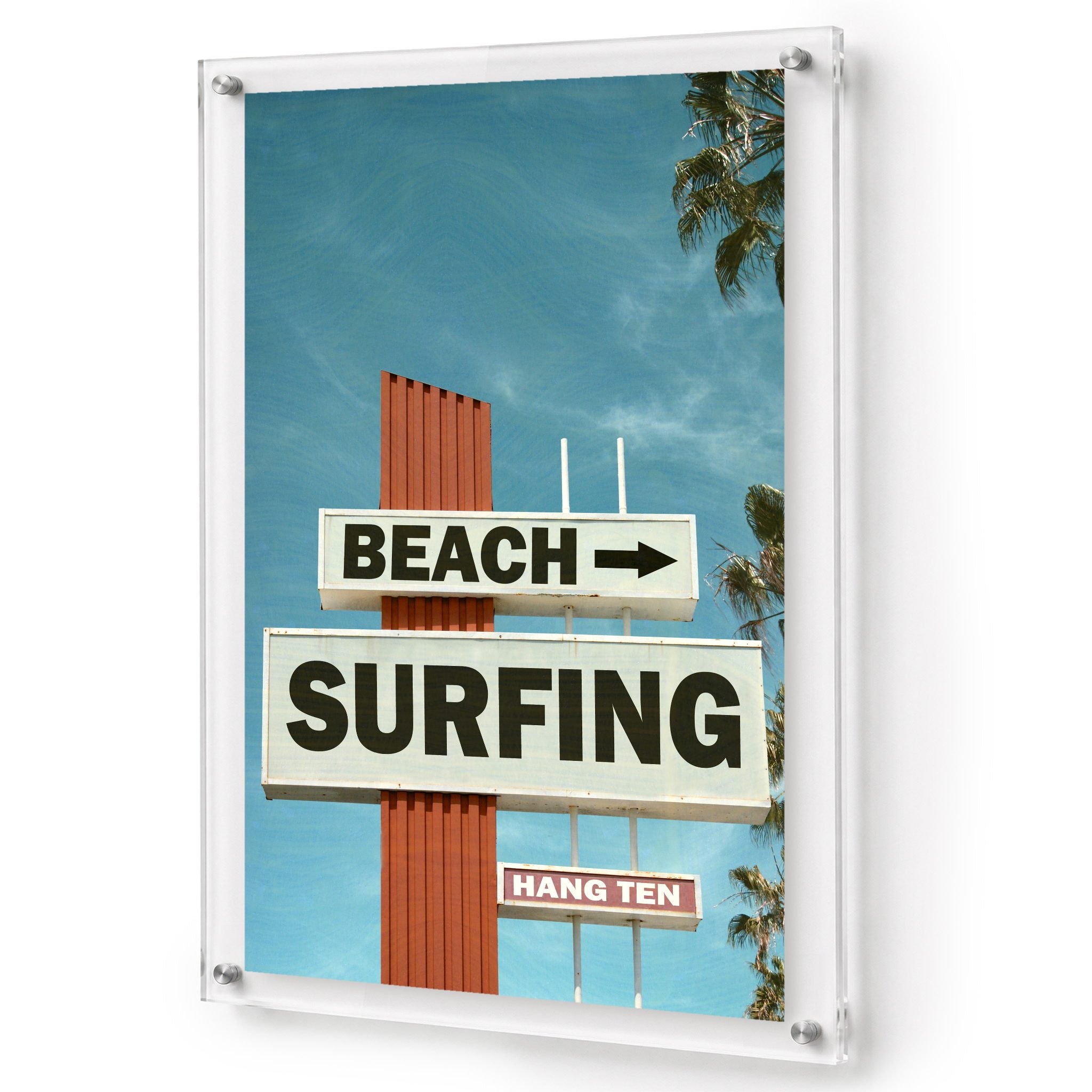 Next Stop Surf acrylic wall art with Beach Surfing signs, 24x36 size with white background