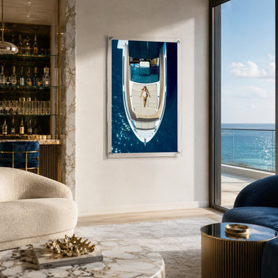 First Class Afloat acrylic wall art displayed beside a coastal ocean view