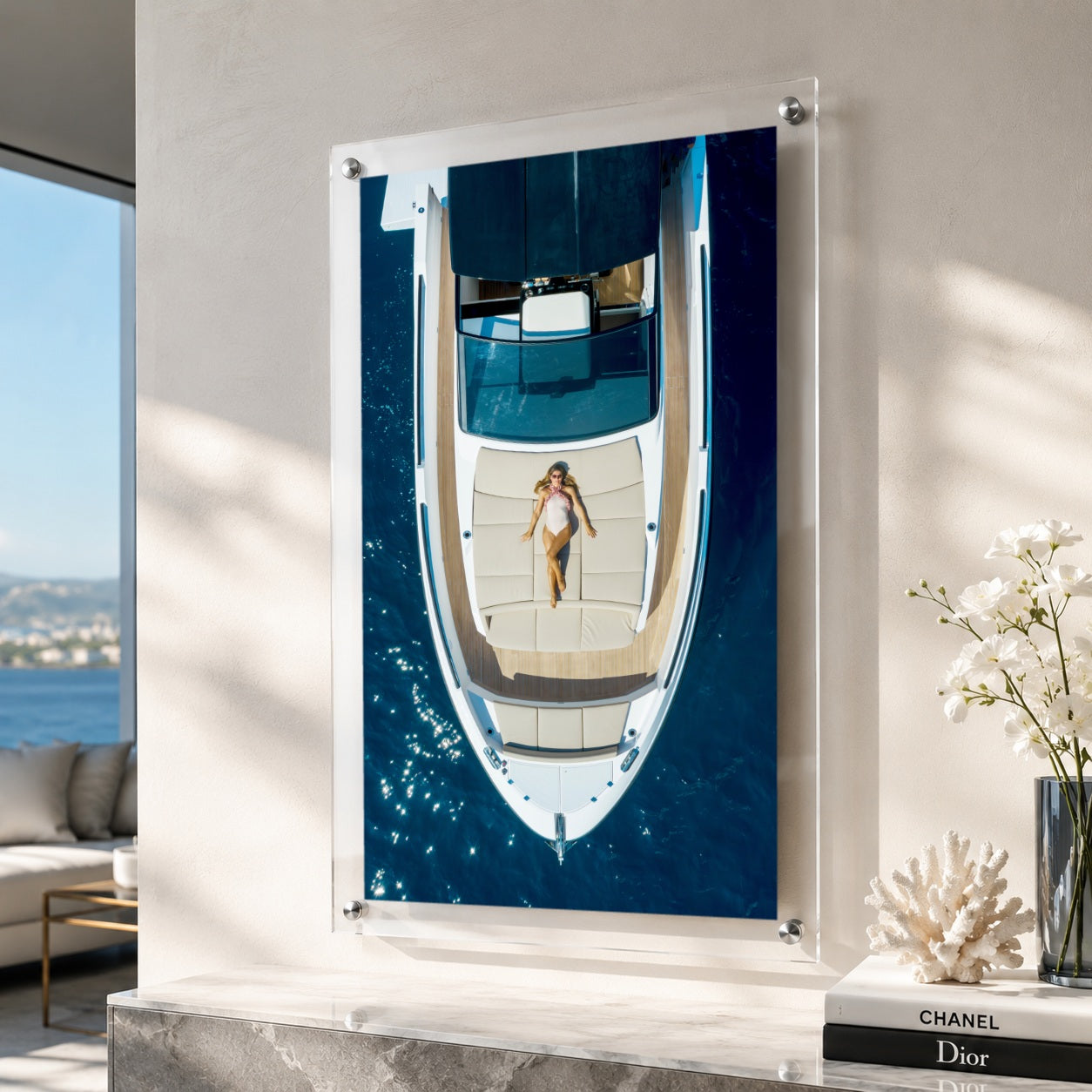 First Class Afloat acrylic wall art displayed in a bright vertical room