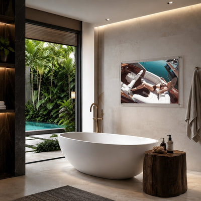 Sea La Vie color acrylic wall art in a tropical bathroom space with an entryway to swimming pool