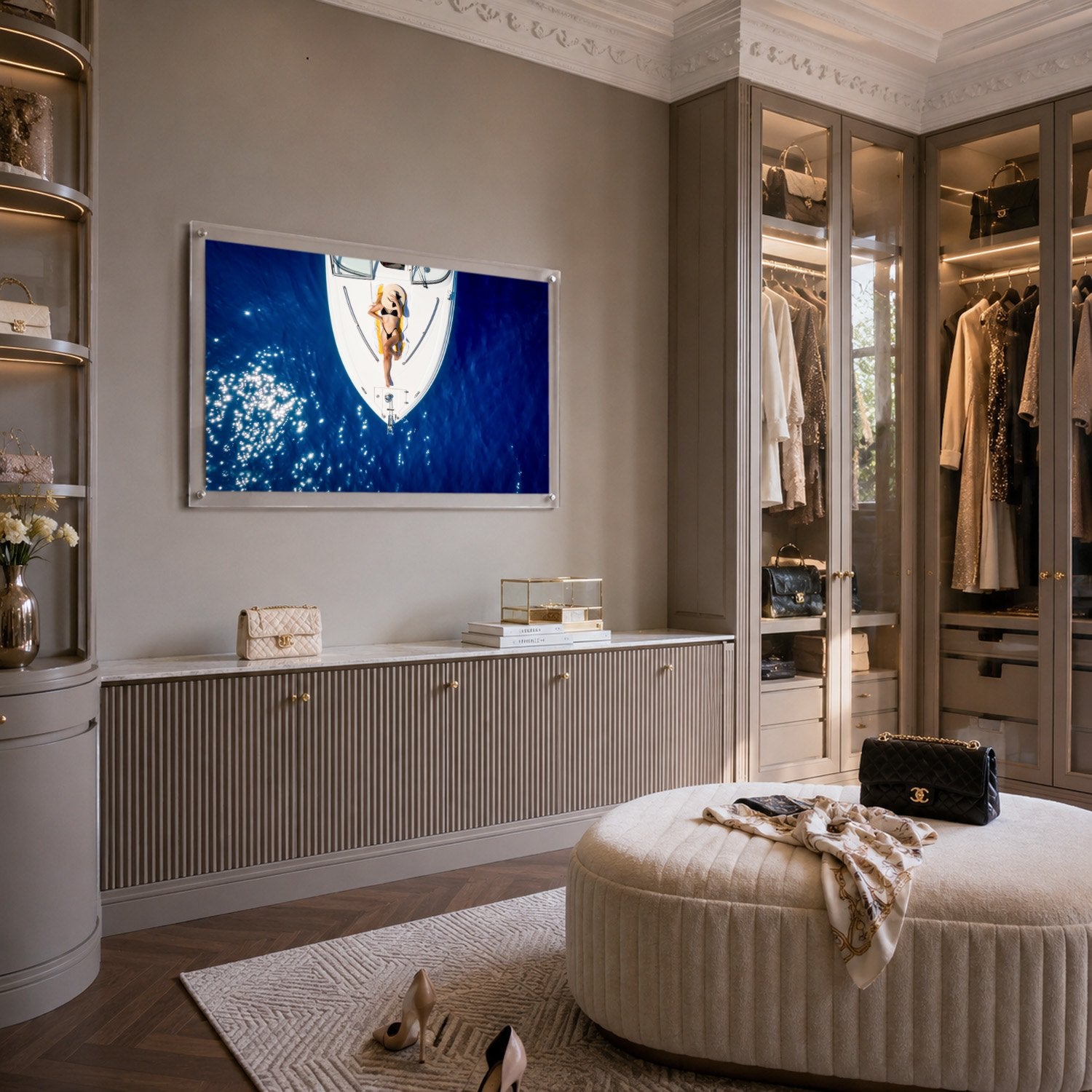 Sun Deck Society wall art in a chic Parisian herringbone dressing room