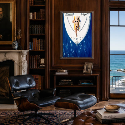 Sun Deck Society wall art displayed in a dark wood study with a black seat
