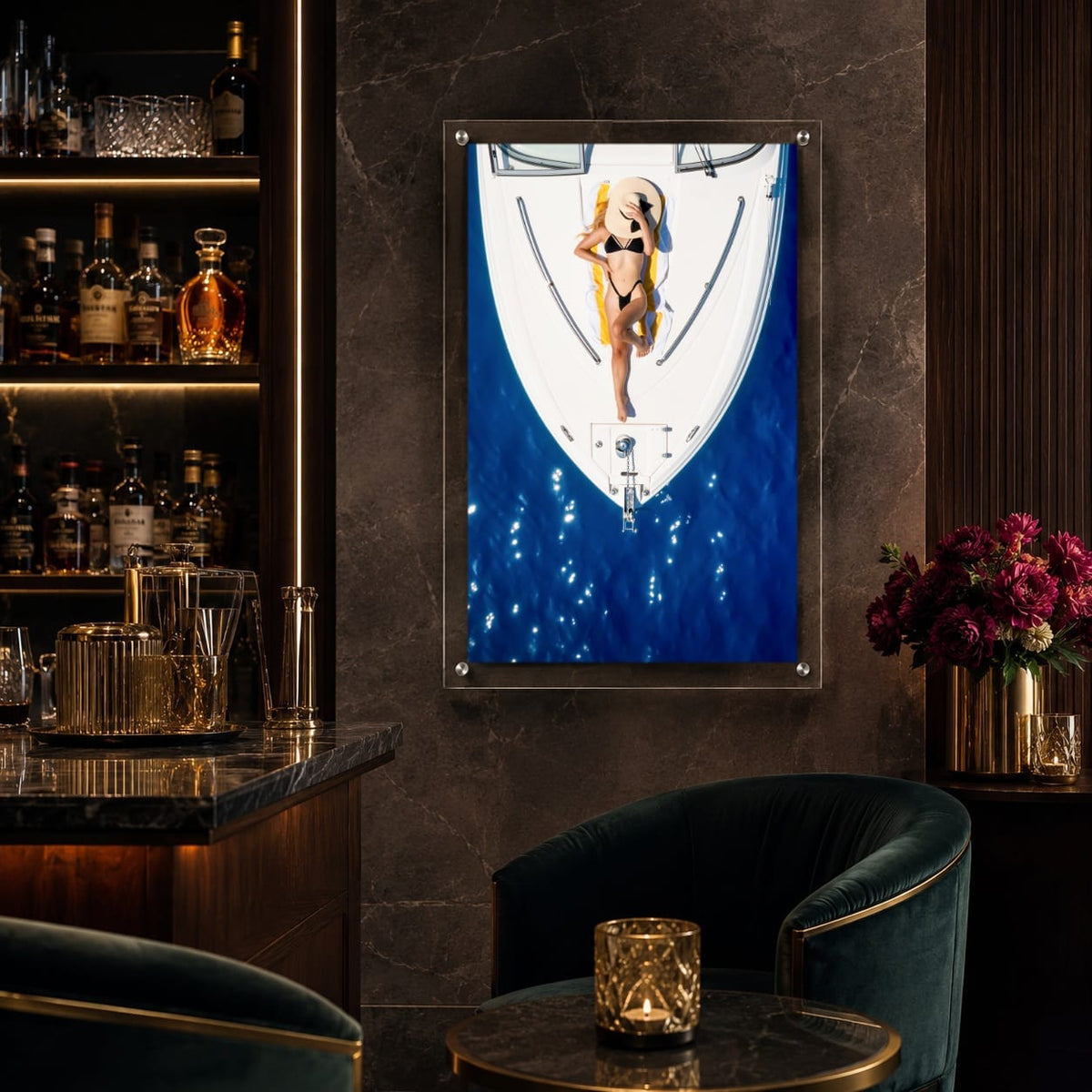 Sun Deck Society wall art decorating a dark moody home bar seating area
