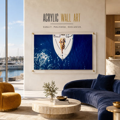 Sun Deck Society wall art in a modern living room featuring ocean view