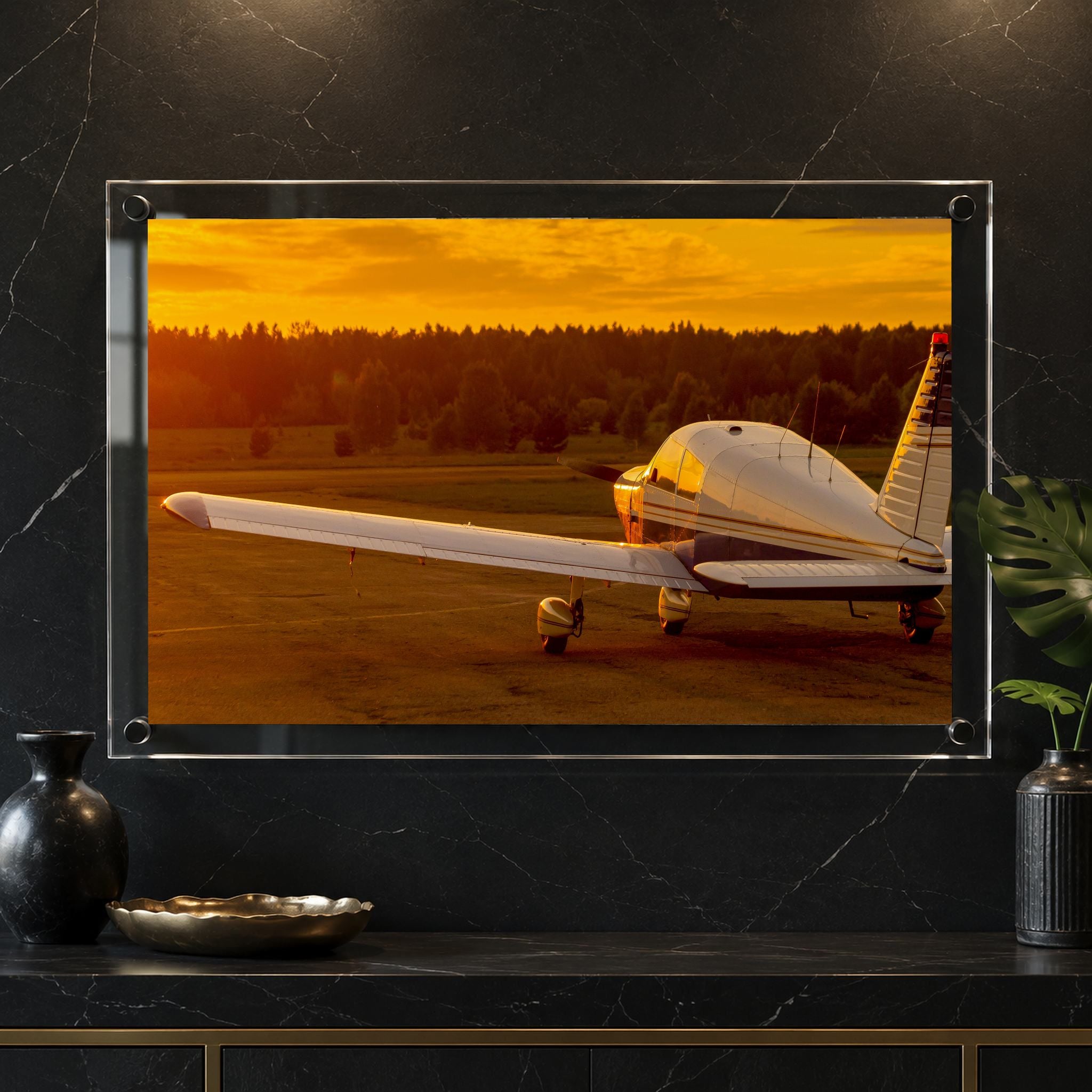 Pilot inspired acrylic wall art featuring a Piper plane at sunset