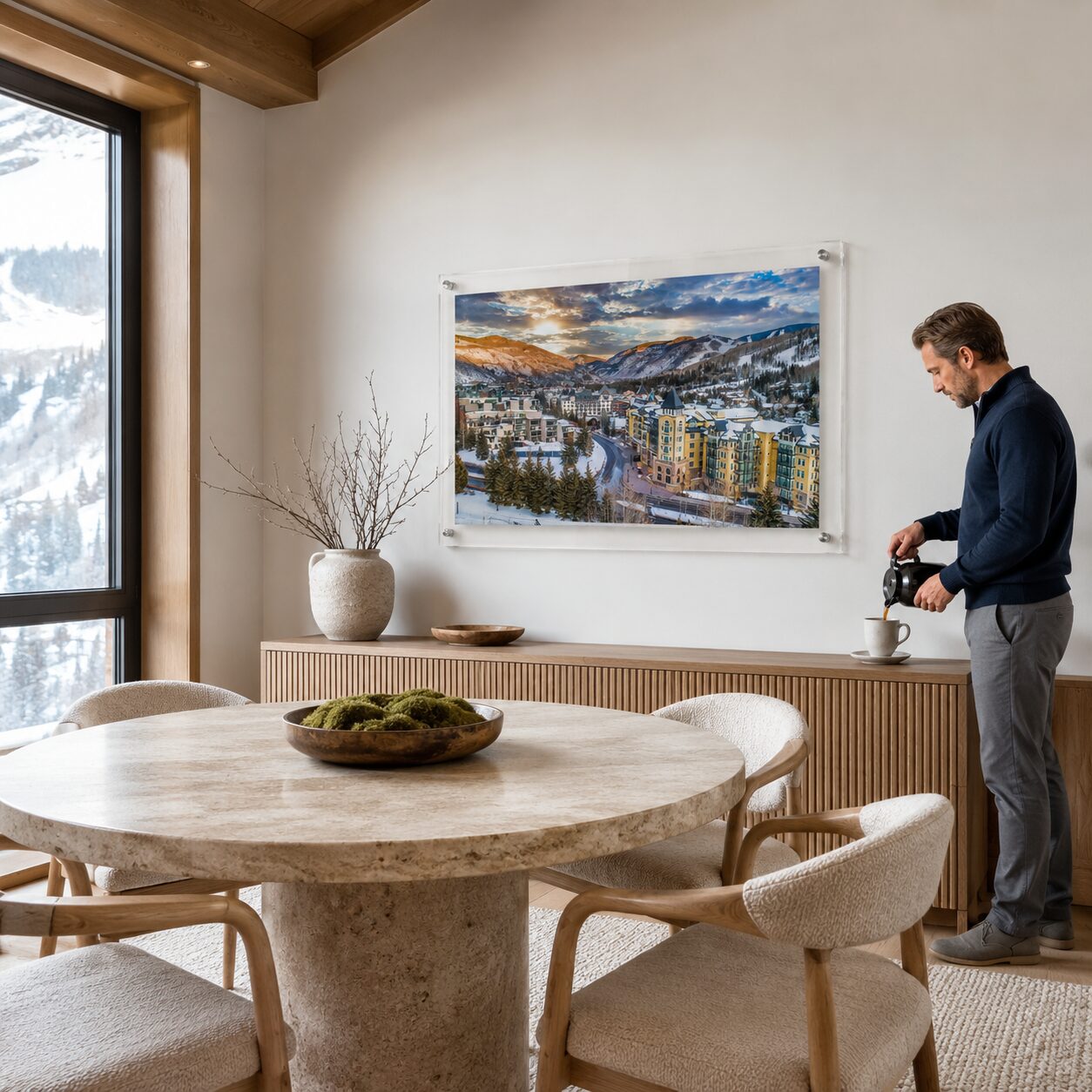 Vail We Meet Again wall art inside a dining room with a man pouring wine
