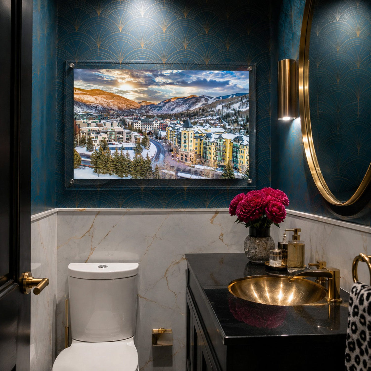 Vail We Meet Again wall art hung in a dark moody art deco powder room