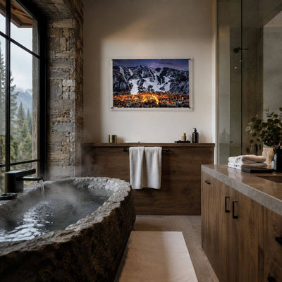 Goodnight Aspen wall art inside a stone bathroom near a carved bathtub