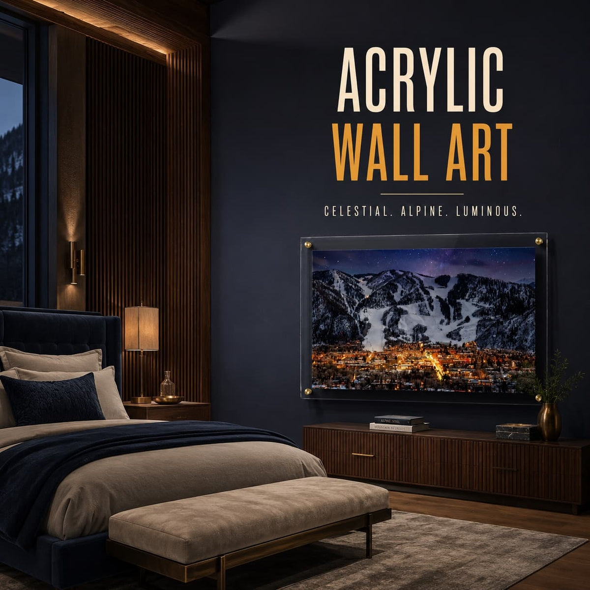 Goodnight Aspen wall art displayed in a dark bedroom above a low bench