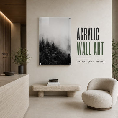 Black and white forest acrylic wall art with fog covered pine trees