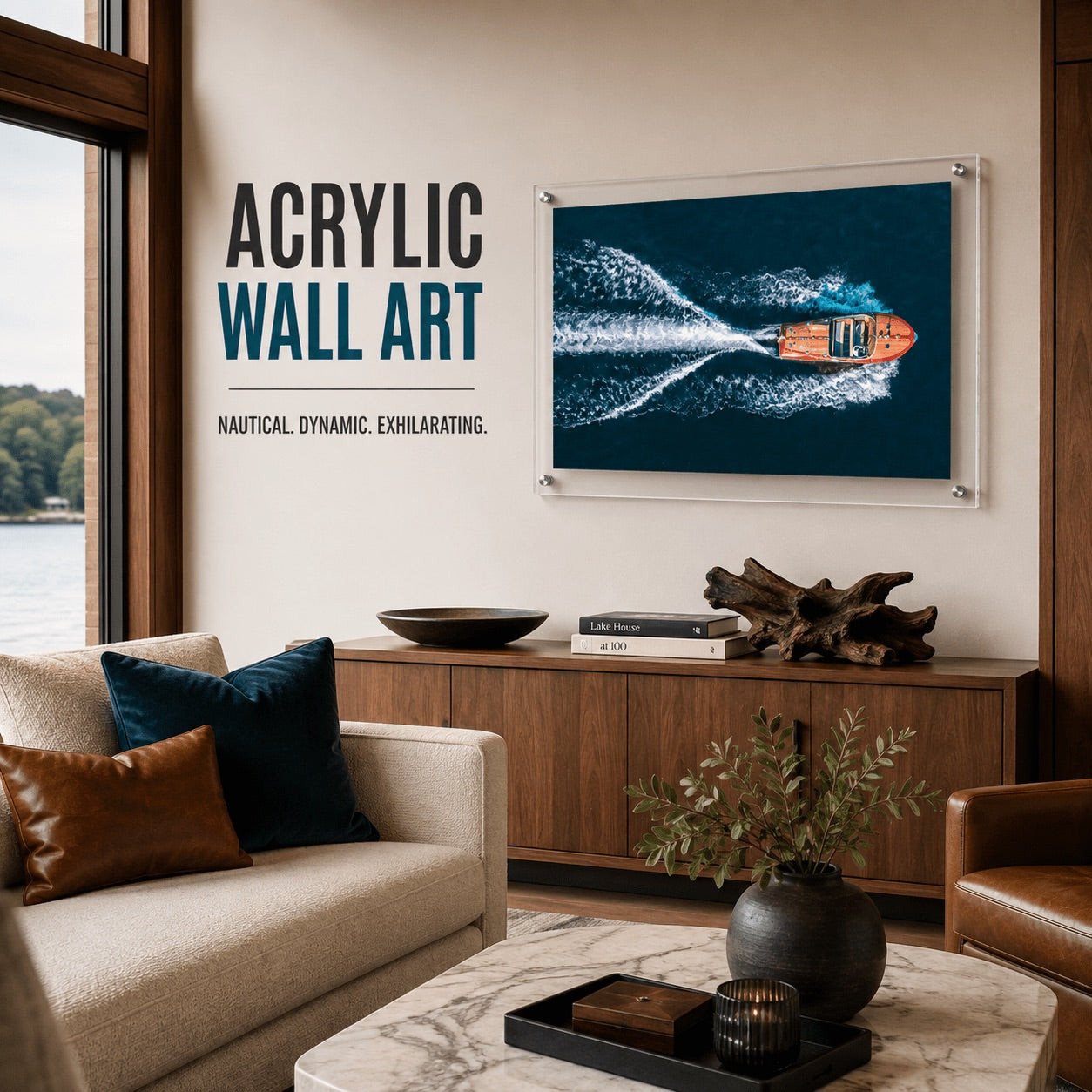 Wake Maker acrylic wall art print featuring a speedboat on deep blue water