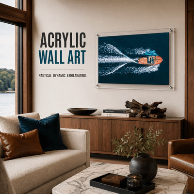 Wake Maker acrylic wall art print featuring a speedboat on deep blue water
