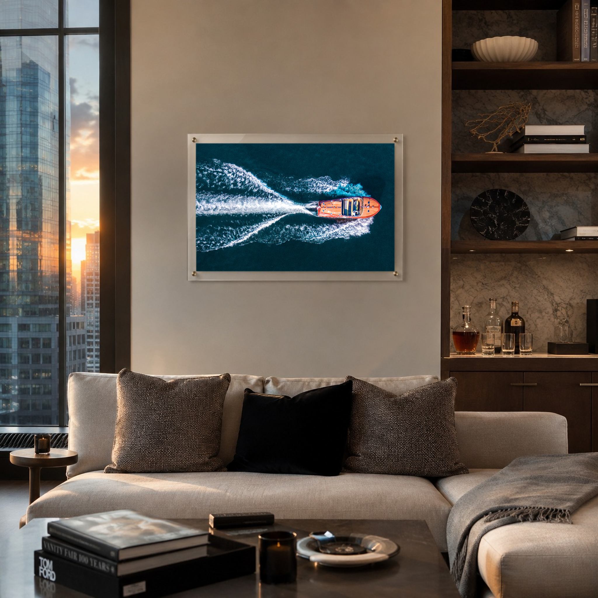 Horizontal ocean acrylic wall art featuring a speedboat in motion