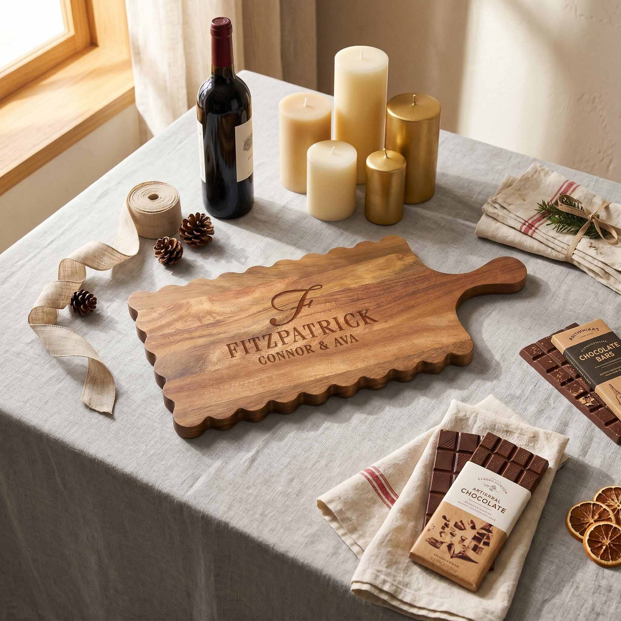 Personalized scalloped acacia wood serving board with Fitzpatrick family name