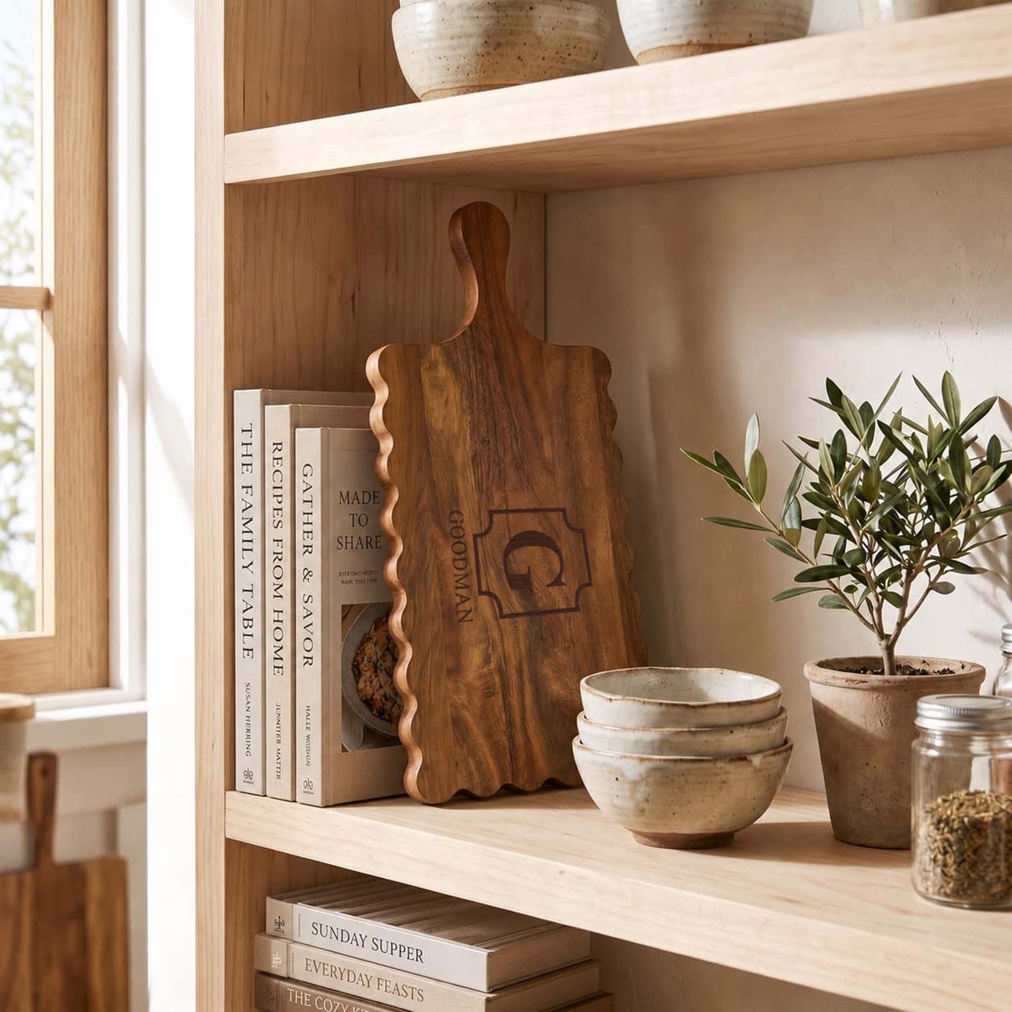 Personalized scalloped acacia wood serving board displayed on a kitchen shelf