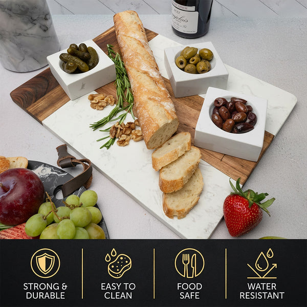 Winslow Wood and Marble Appetizer Serving Platter - Charcuterie Board with Bowls