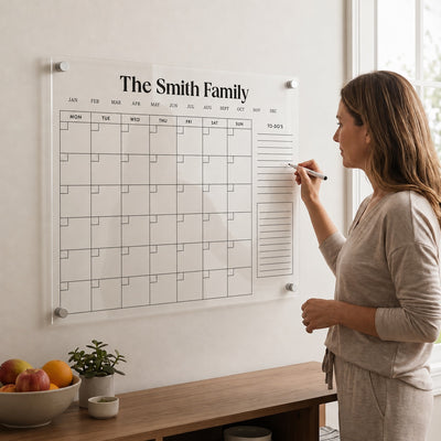 Woman writing on a personalized acrylic family wall calendar