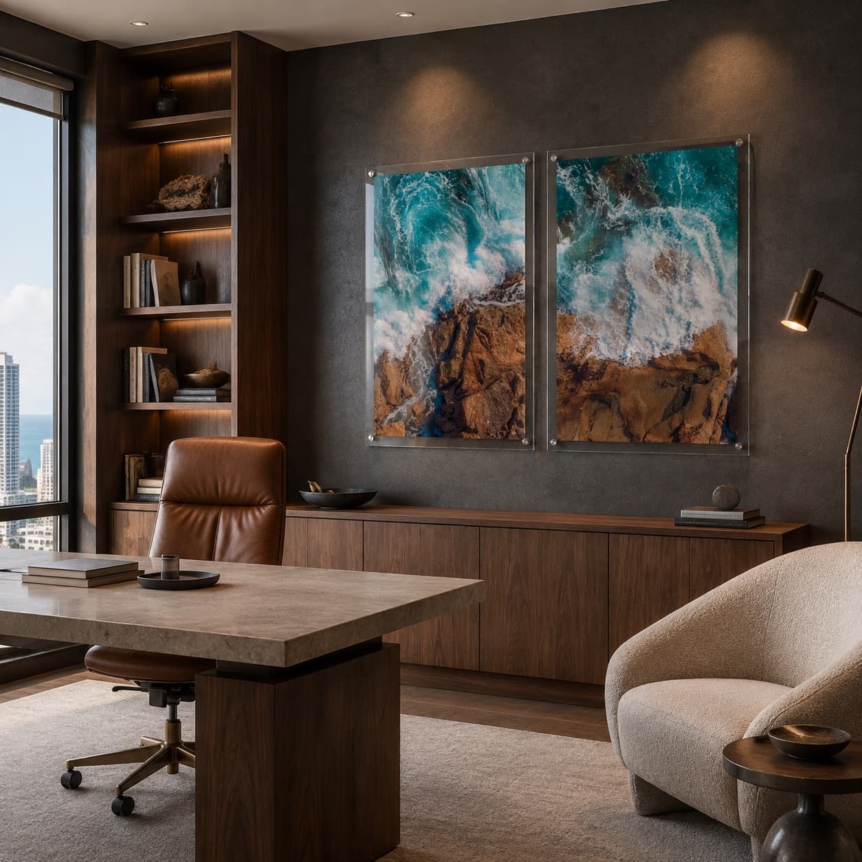 Two ocean wave acrylic wall art pieces in a contemporary office