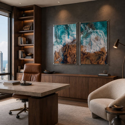 Two ocean wave acrylic wall art pieces in a contemporary office