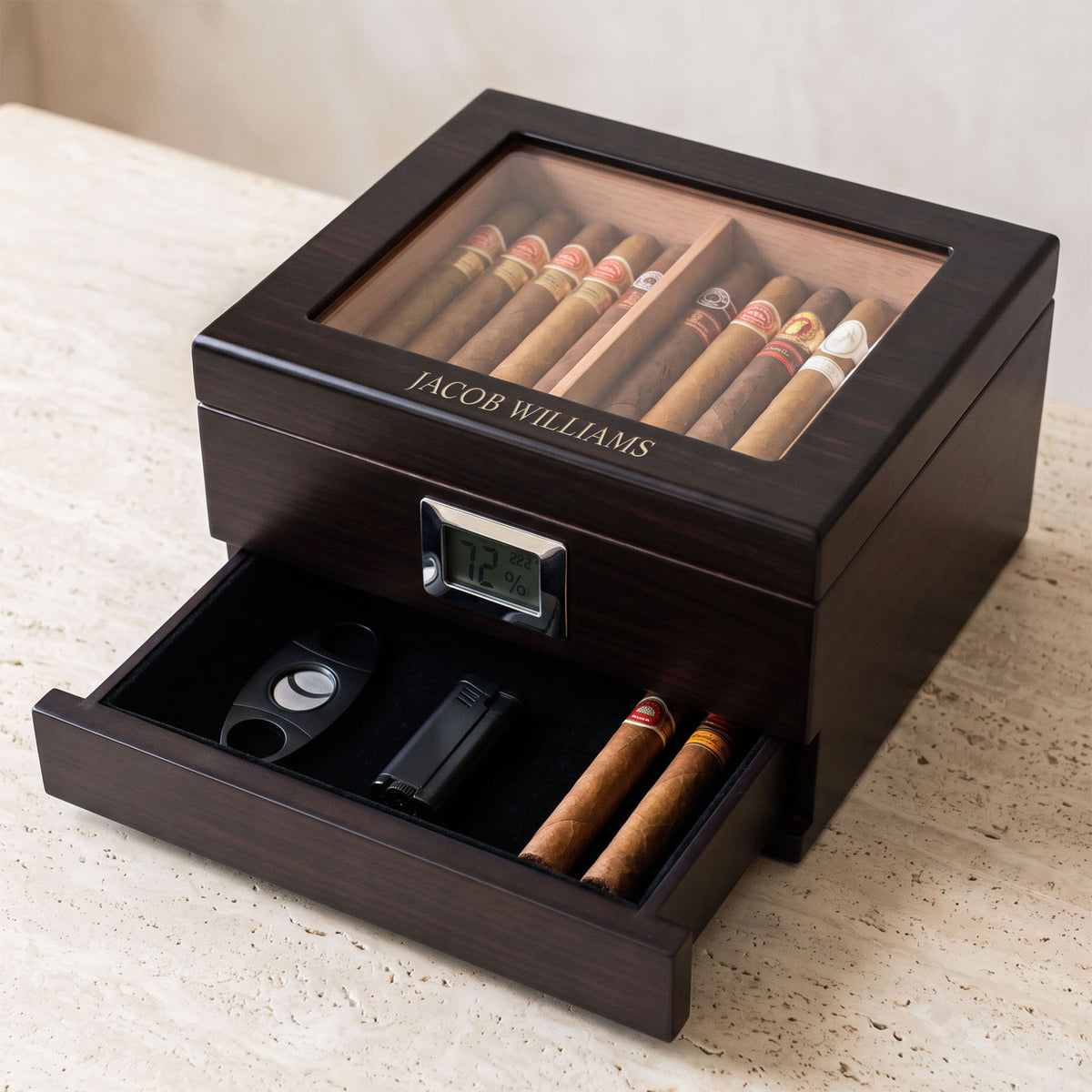 personalized Aurelio cigar humidor with glass top and accessory drawer