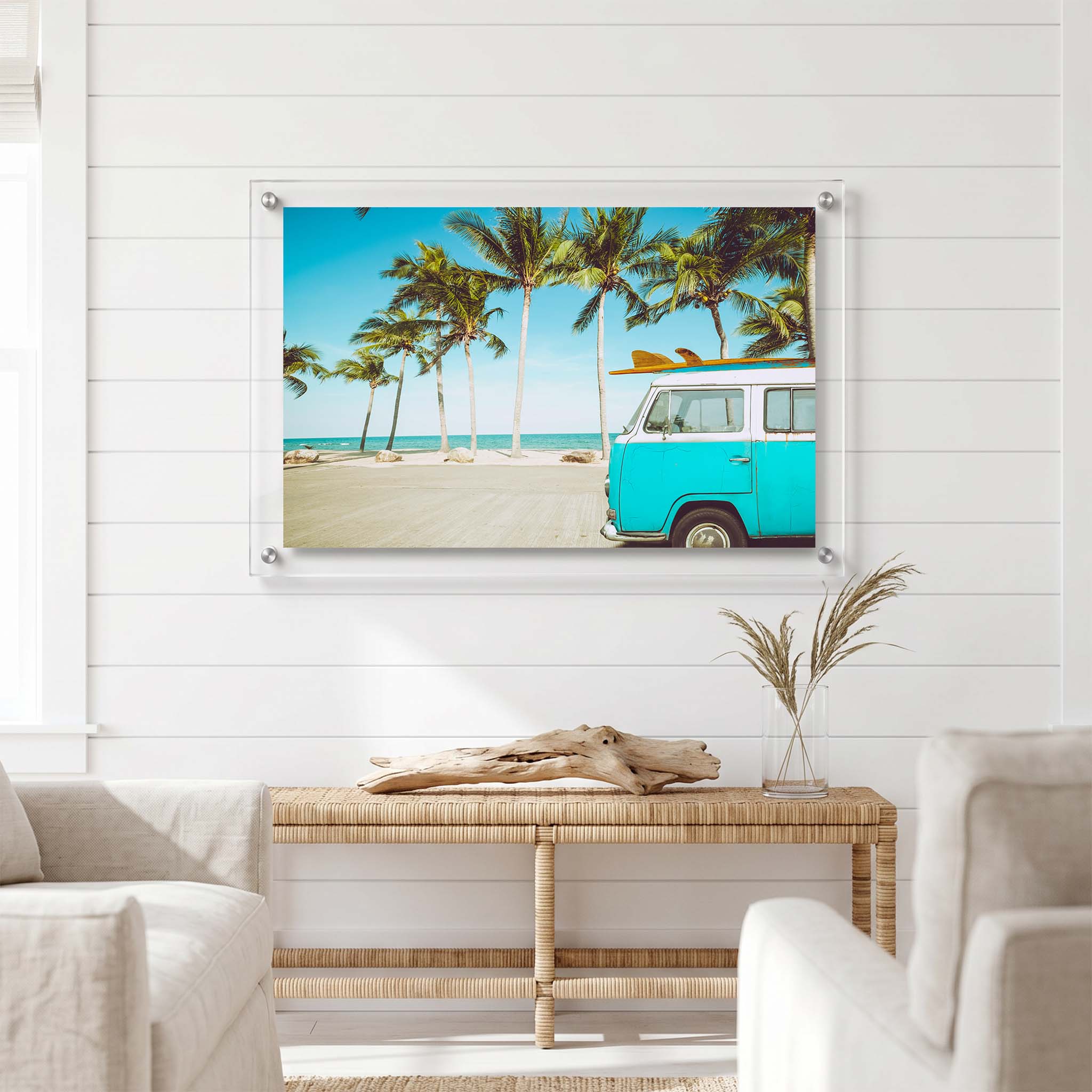 Tropical wall art displayed in a bright room