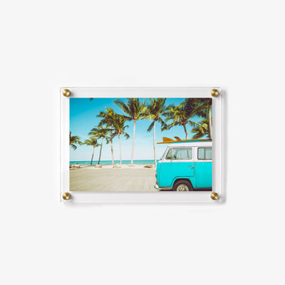 Vintage surf van acrylic wall art with palm trees and clear coastal scenery