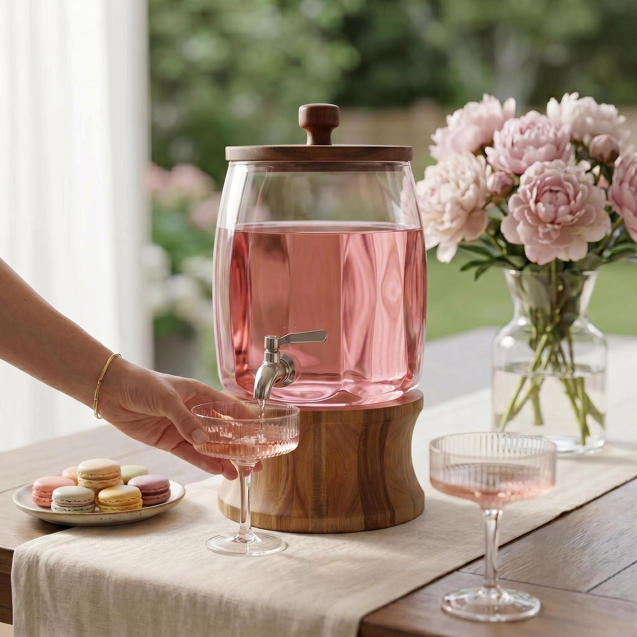 Glass drink dispenser serving a pink beverage into a coupe glass