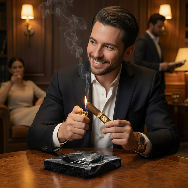 Man lighting a cigar, Engraved Marble Cigar Ashtray